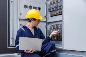 professionnel devant un tableau electrique