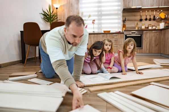 homme qui monte un meuble avec ses 3 filles