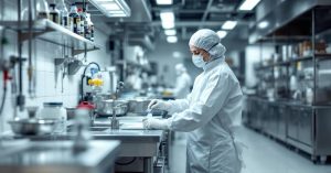Désinfection surface contact alimentaire en cuisine professionnelle : plan de travail inox nettoyé avec équipements pro