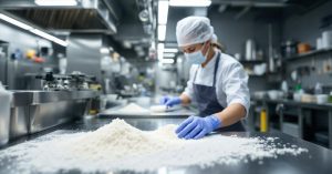 Éponge mélamine blanche utilisée pour le nettoyage professionnel sur surface inox en cuisine