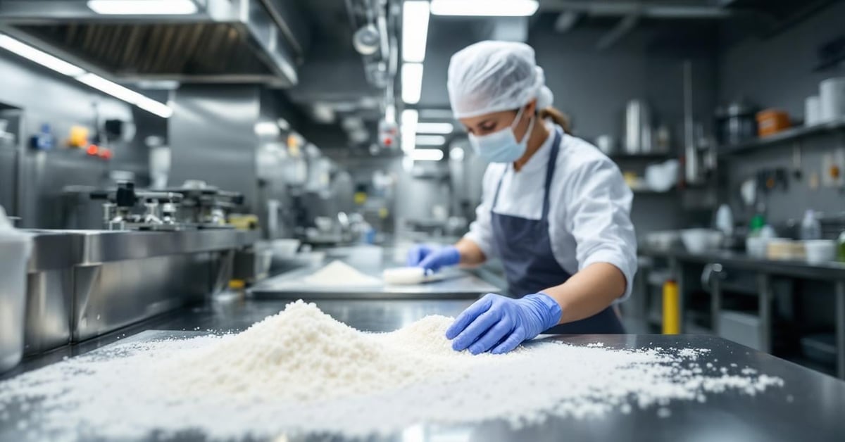 Éponge mélamine blanche utilisée pour le nettoyage professionnel sur surface inox en cuisine
