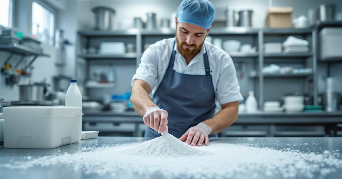 Éponge mélamine blanche posée sur un plan de travail inox dans une cuisine professionnelle