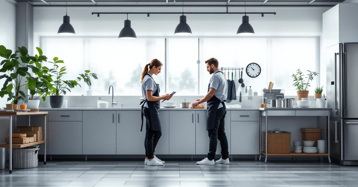 Document FDS avec ses 16 rubriques obligatoires posé sur un plan de travail inox en cuisine professionnelle