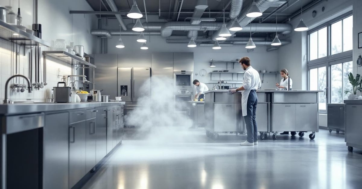 Nettoyant sol professionnel appliqué sur carrelage industriel avec chariot de ménage et produits adaptés