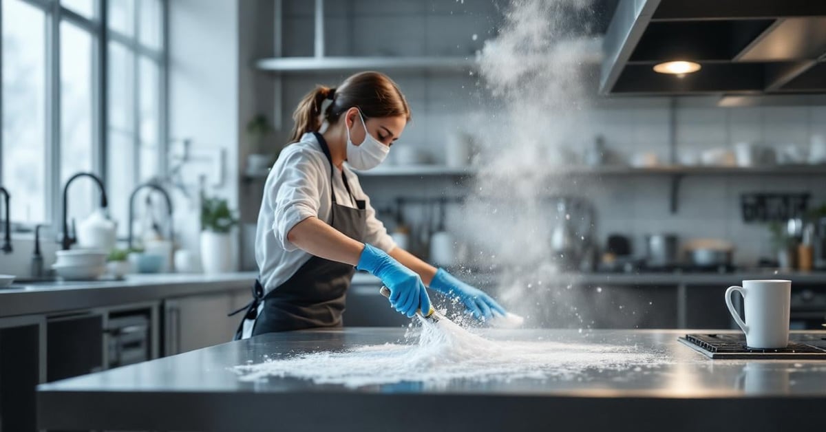 Technicien appliquant un protocole de lavage sol professionnel avec autolaveuse sur chantier