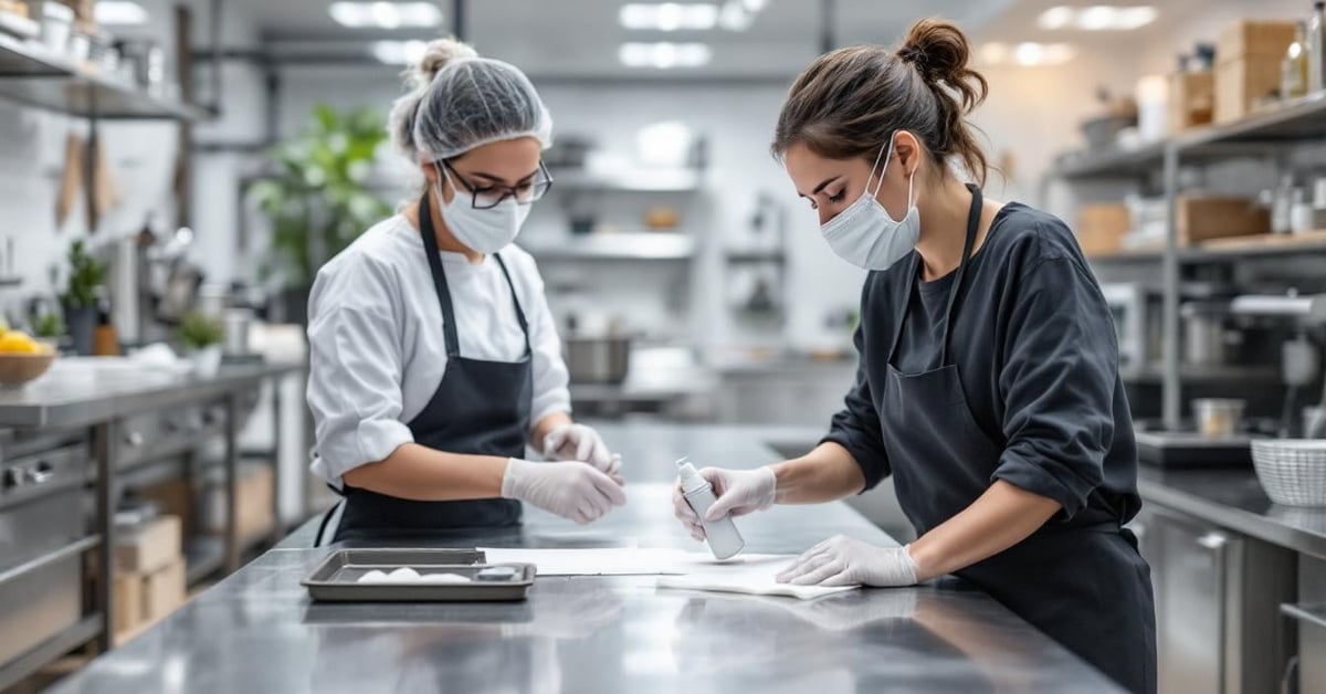 Masque FFP2 et désinfectant spray posés sur un plan de travail inox en environnement professionnel
