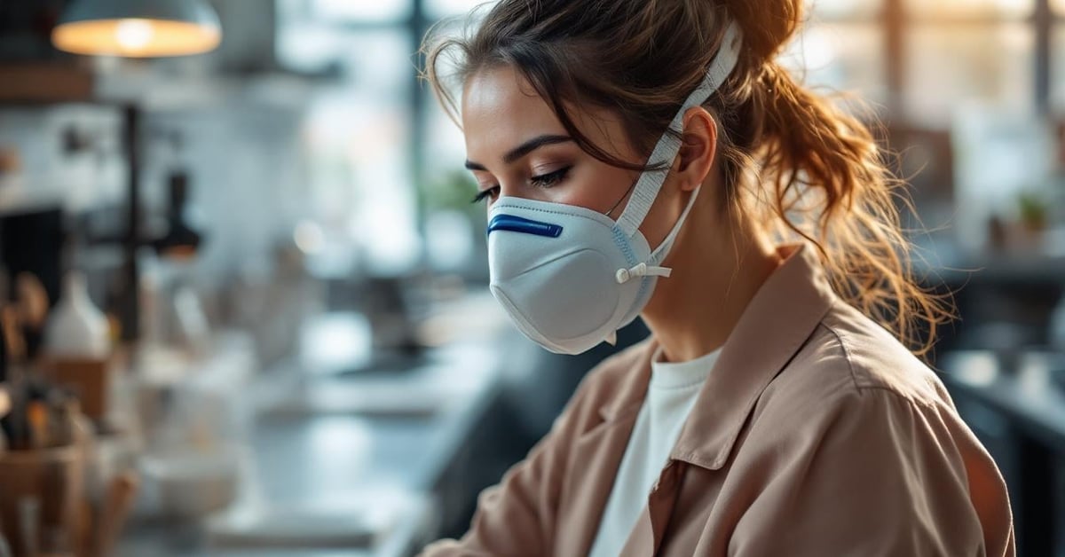 Technicien en laboratoire portant un masque FFP2 avec désinfectant spray sur plan de travail inox