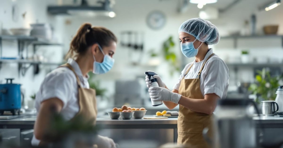 Professionnel portant un masque FFP2 avec spray désinfectant en environnement de travail