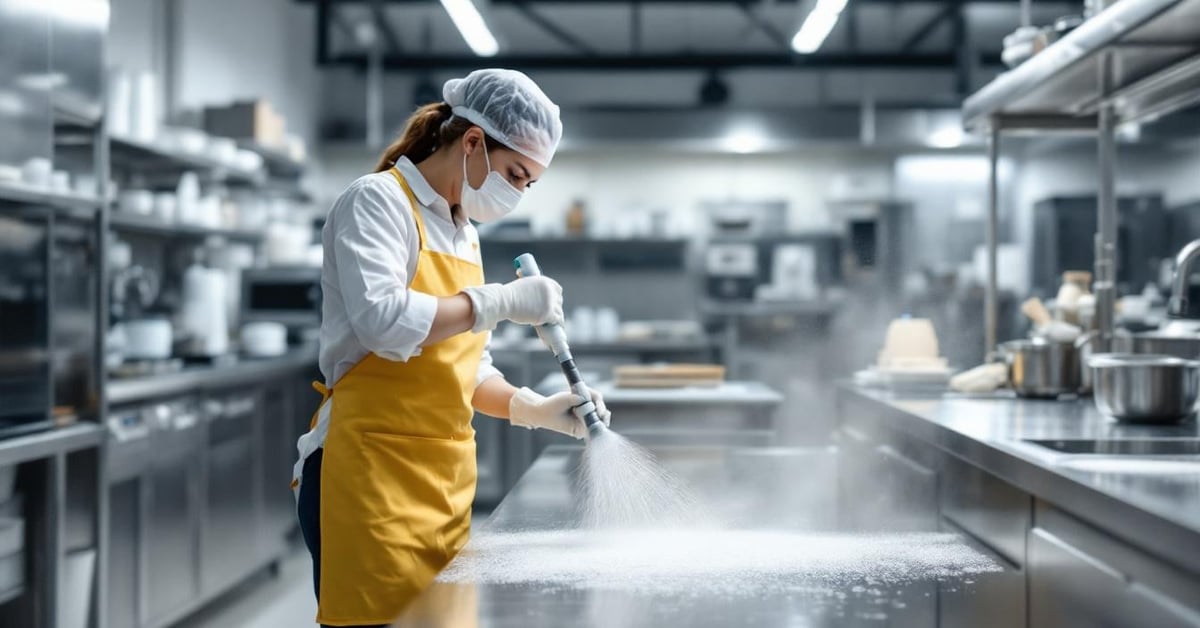 Nettoyage sans produits chimiques professionnel dans une cuisine inox avec équipements et EPI adaptés