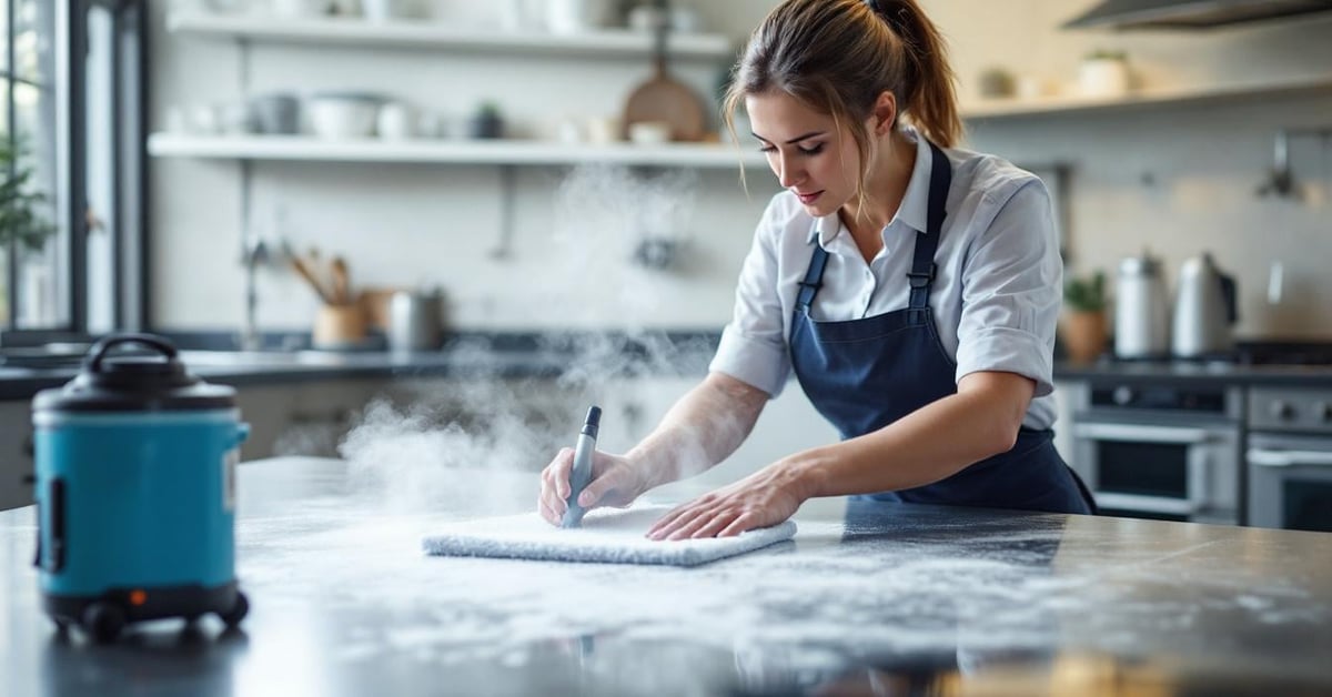 Nettoyage vapeur professionnel sans produits chimiques sur surface inox en cuisine collective