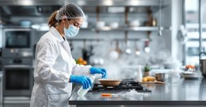 Technicien en laboratoire vérifiant la conformité d'un désinfectant selon la norme EN 1276