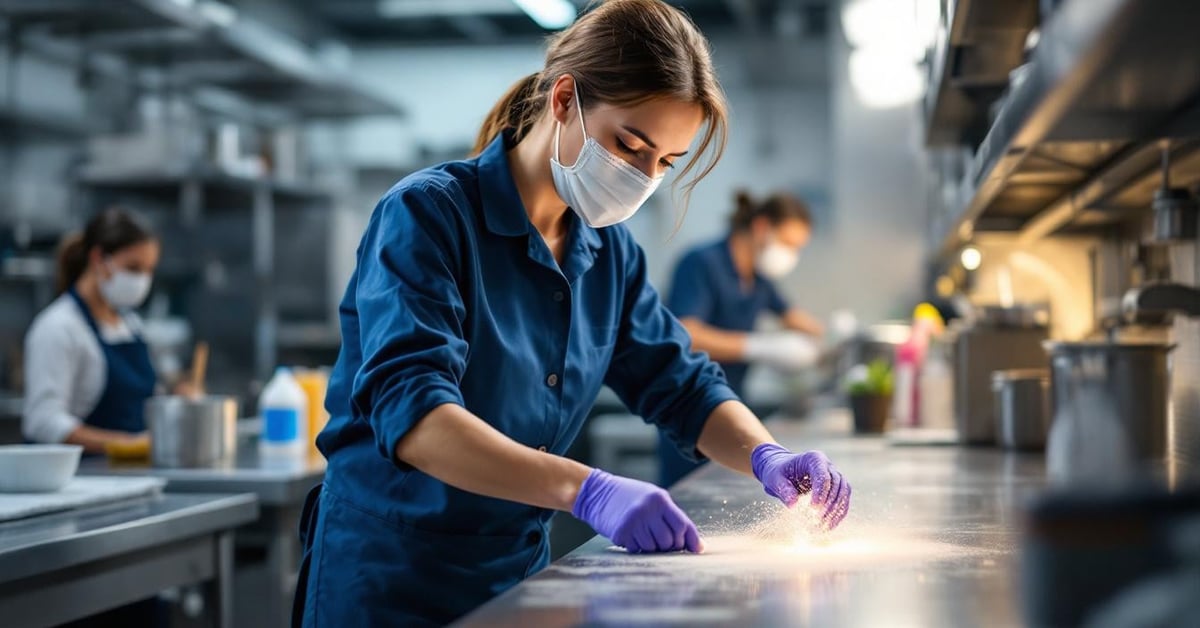 Technicien en laboratoire testant un désinfectant selon la norme EN 1276 sur surface inox