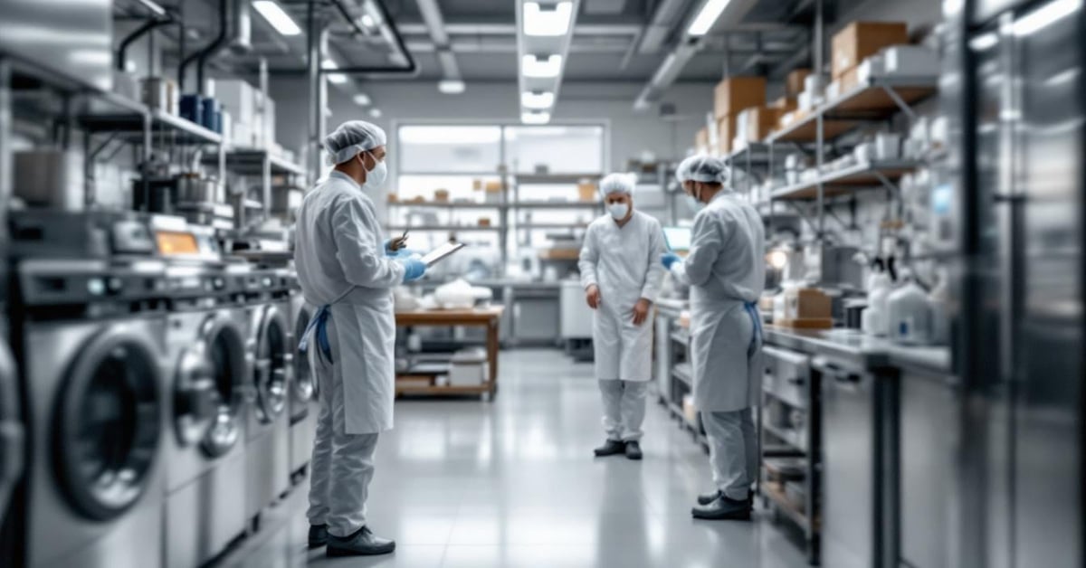 Technicien lisant une fiche technique désinfectant selon la norme EN 1276 en laboratoire professionnel