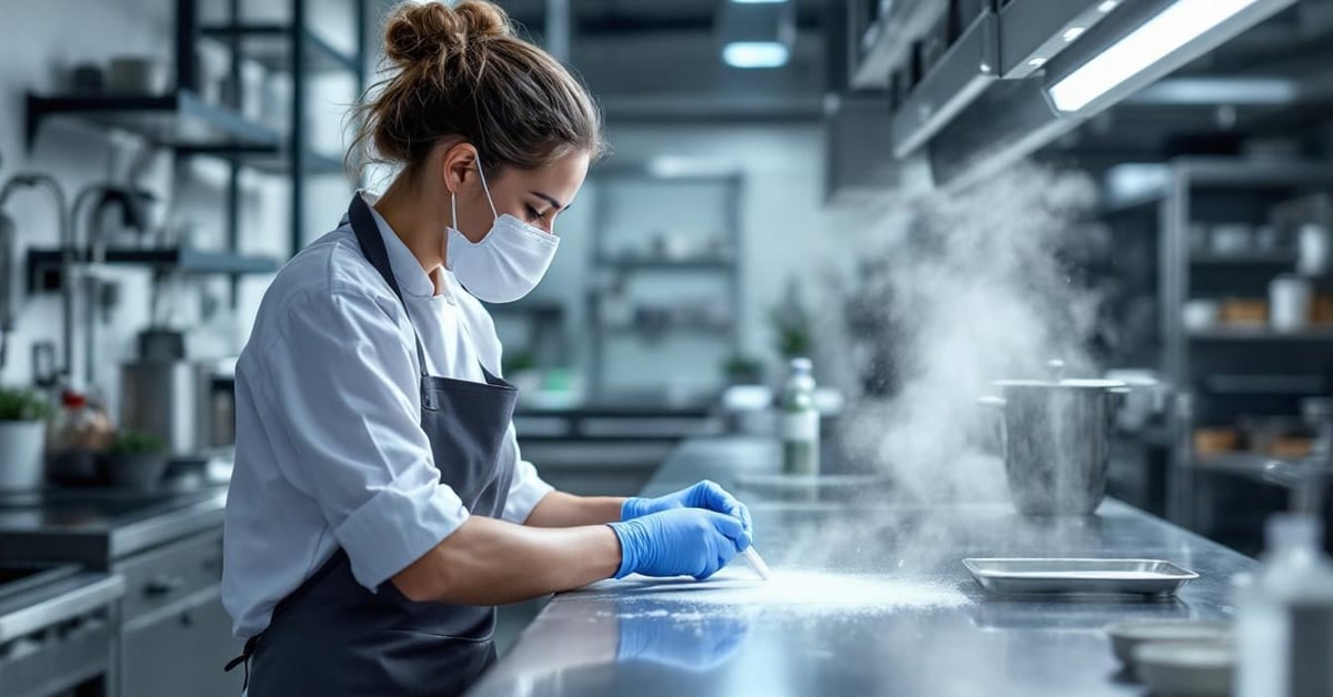 Professionnel intégrant la norme EN 1276 désinfectant dans un protocole de nettoyage en collectivité