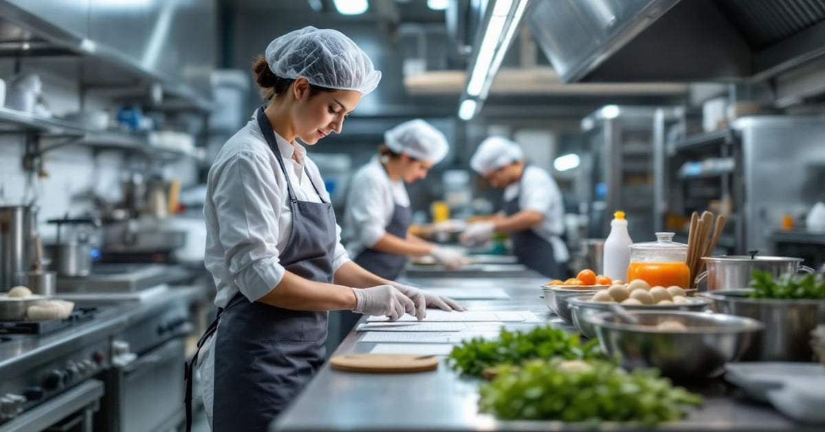 Fiche technique Surfanios Premium posée sur un plan de travail en inox dans un environnement médico-social