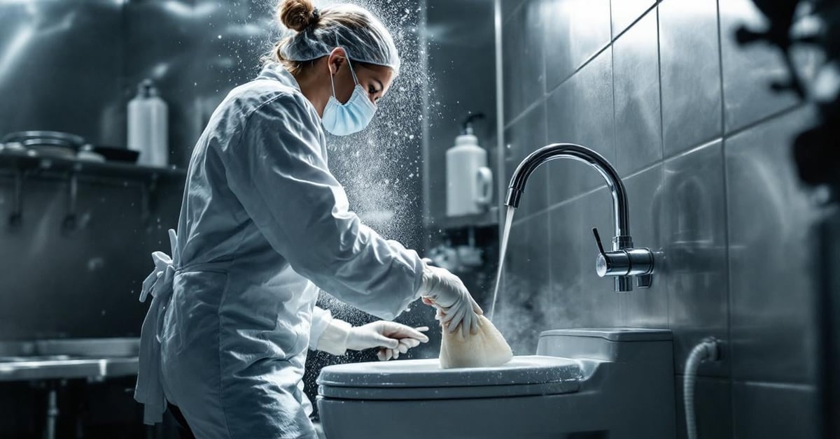 Technicien de nettoyage professionnel détartrant une cuvette de WC très entartrée avec équipements adaptés