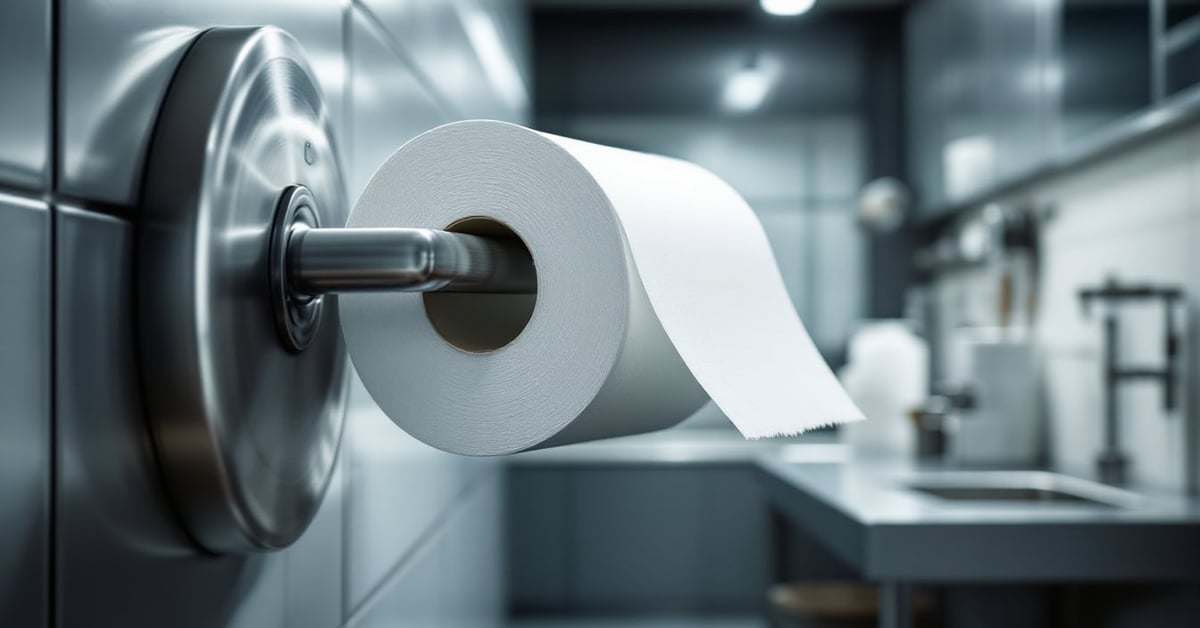 Dérouleur papier WC en inox dans un couloir de collectivité, choix du matériau adapté