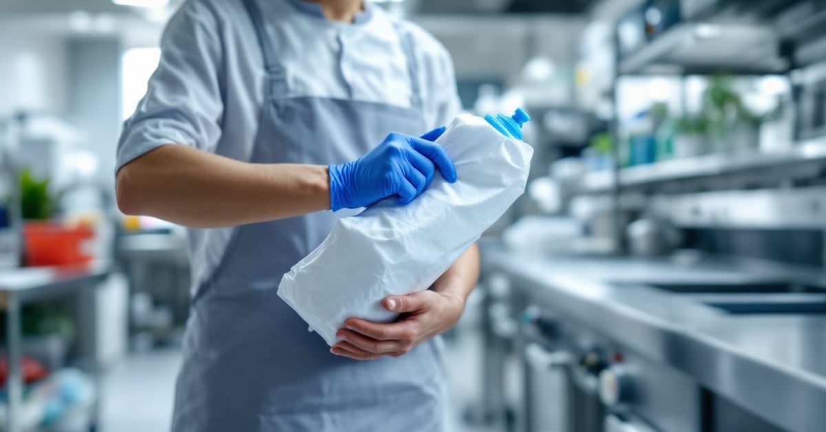 Emballages rechargeables de produits d'hygiène professionnelle sur un plan de travail inox en cuisine collective