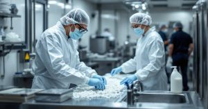 Lingettes désinfectantes utilisées par un professionnel en tenue de travail dans un environnement collectif