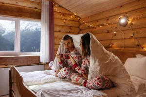 couple sous une couette dans un lit