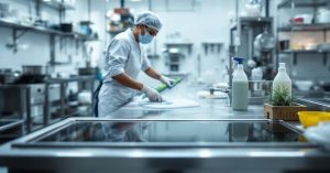 Nettoyage plancha inox en cuisine professionnelle — technicien en gants nettoyant une surface inox