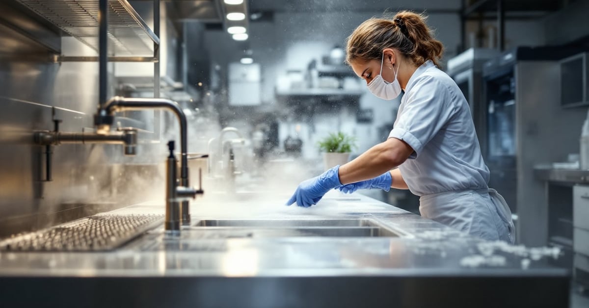 Nettoyage plancha inox en cuisine professionnelle avec produits adaptés et équipements pro