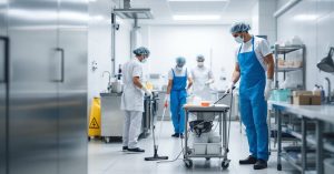 Aide-soignante en EHPAD avec chariot de nettoyage professionnel dans un couloir propre et ordonné