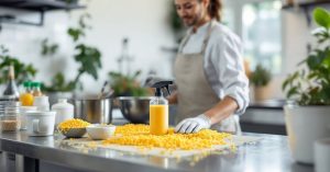 Produits d'entretien biodégradables efficaces sur plan de travail inox en cuisine professionnelle