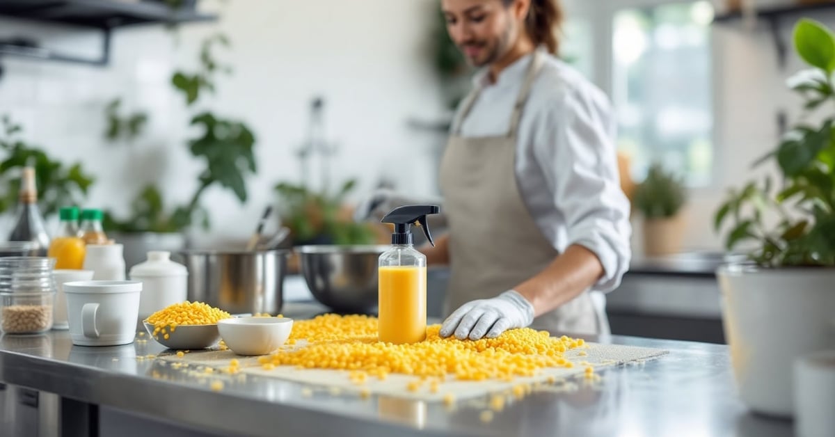 Produits d'entretien biodégradables efficaces sur plan de travail inox en cuisine professionnelle