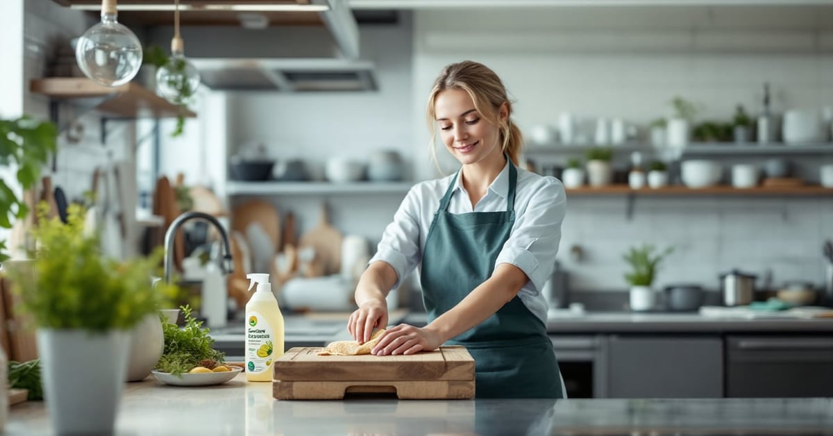 Produits d'entretien biodégradables certifiés Ecocert et Écolabel européen sur plan de travail professionnel
