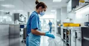 Agent en tenue professionnelle appliquant un protocole de nettoyage en milieu hospitalier