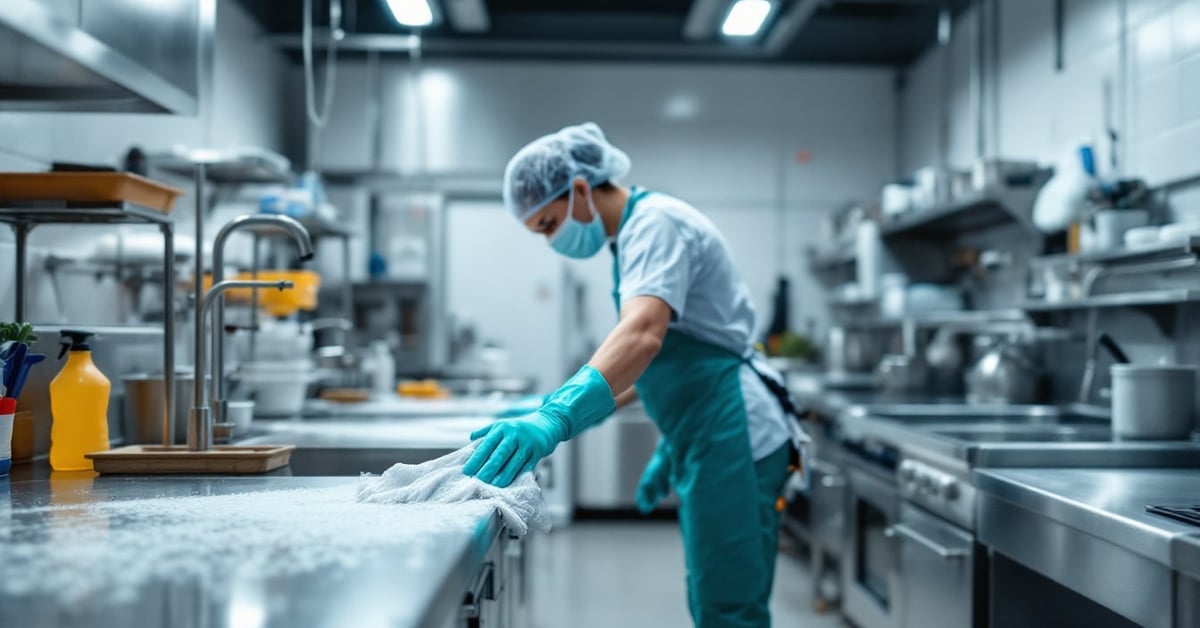 Agent hospitalier en tenue professionnelle appliquant un protocole de nettoyage dans une zone à risque
