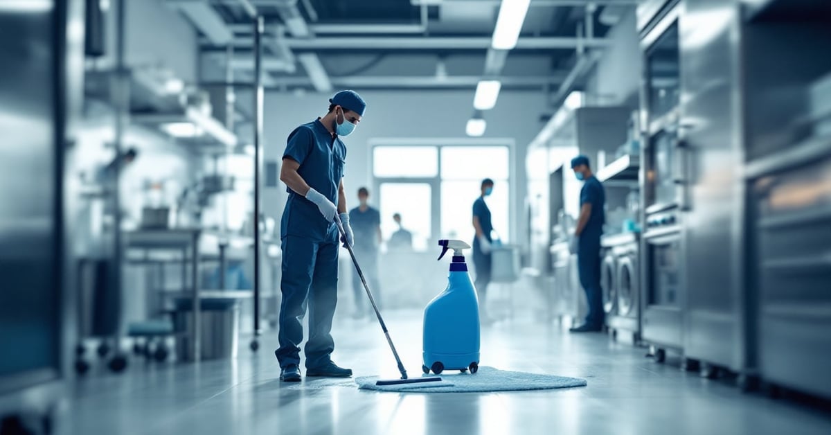 Chariot de nettoyage professionnel avec produits et équipements en milieu hospitalier