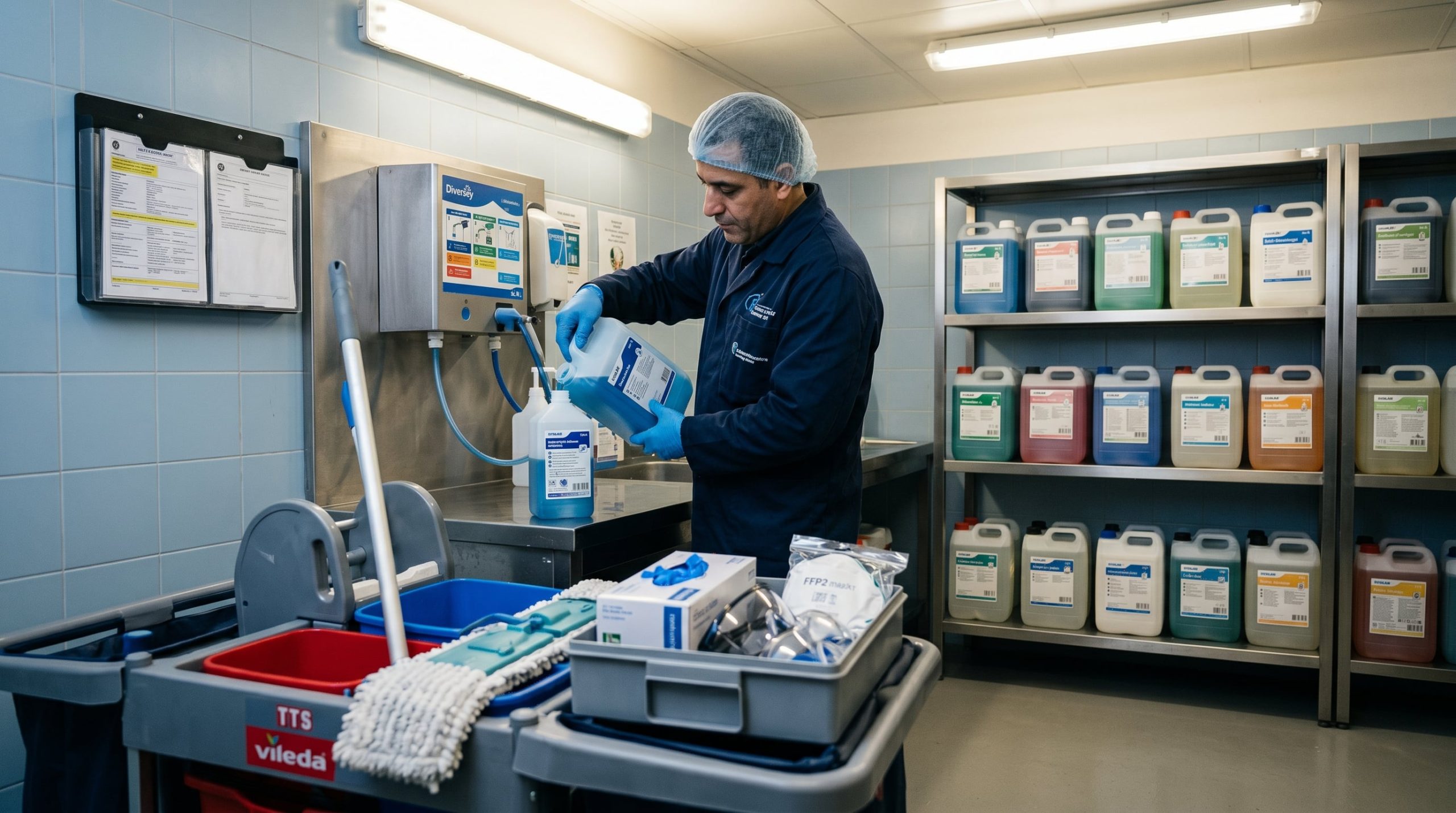 Agent d'entretien équipé de gants et EPI organisant le stockage de produits chimiques en local technique