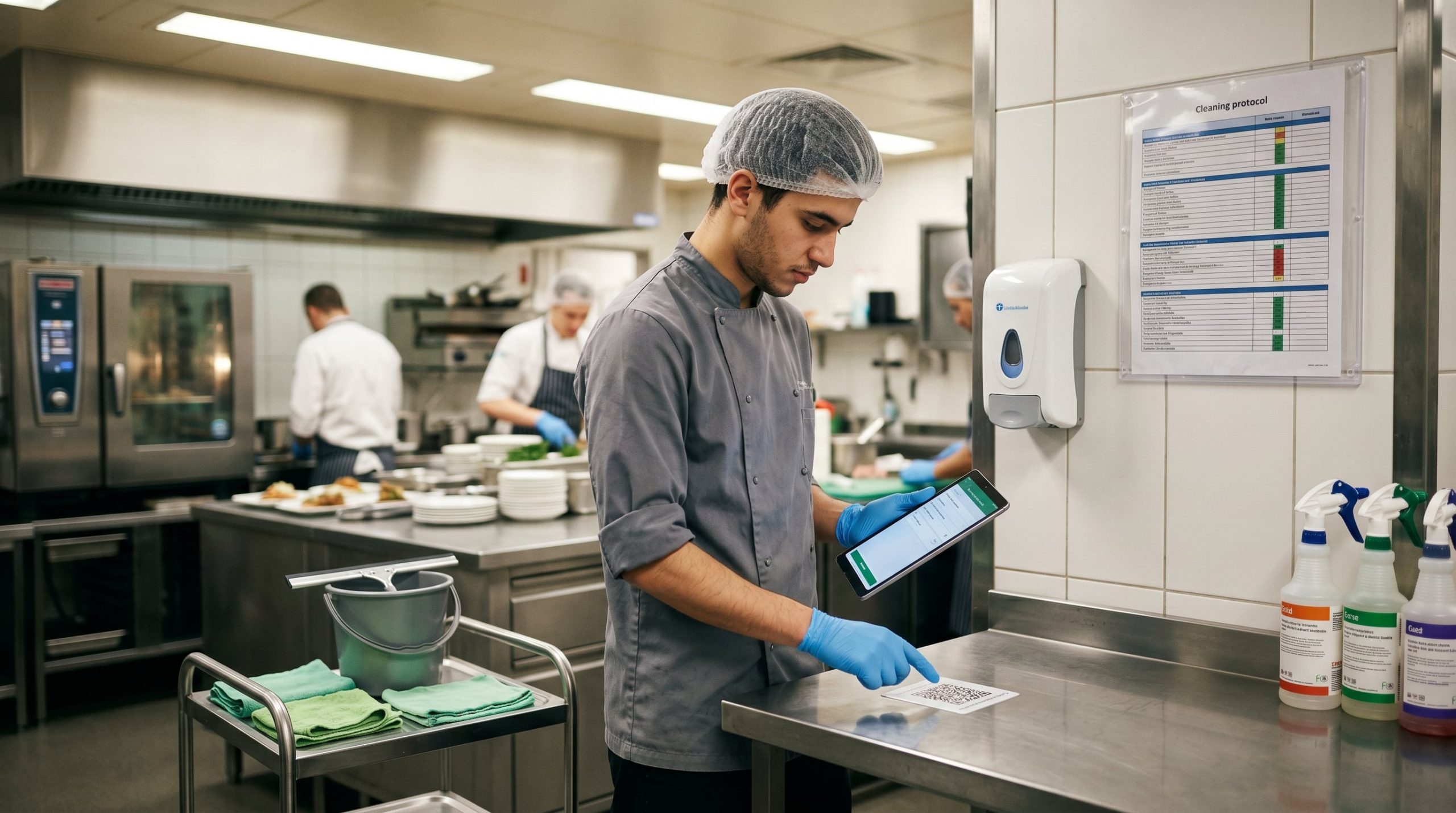 Agent de nettoyage complétant une fiche de traçabilité nettoyage sur un support mural en cuisine professionnelle