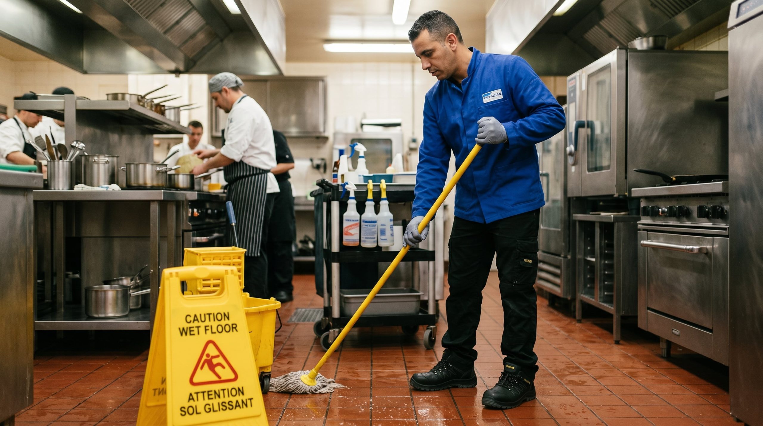 Agent de nettoyage portant des chaussures de sécurité antidérapantes sur sol mouillé en cuisine professionnelle