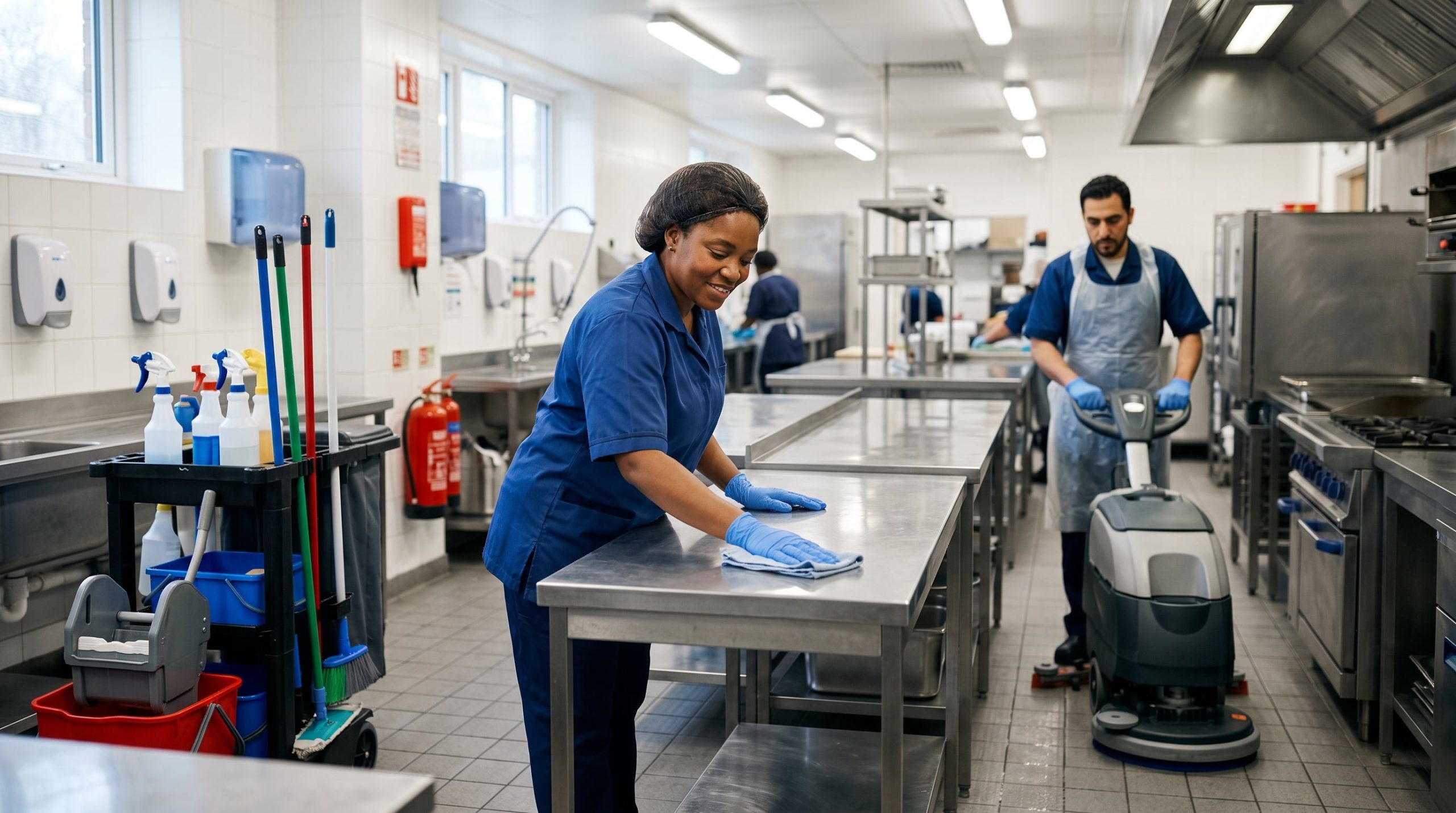 Agent de propreté en tenue professionnelle au travail dans une structure collective — inclusion professionnelle
