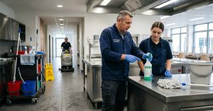 Chef d'équipe propreté supervisant son équipe avec chariot de nettoyage professionnel