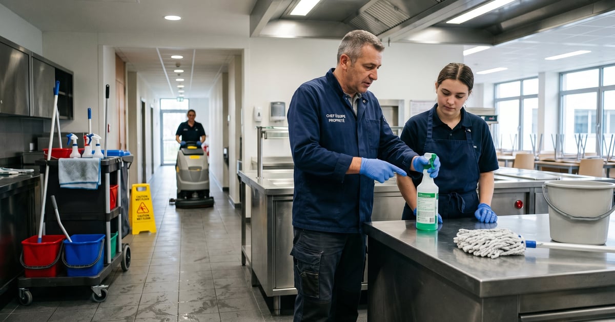 Chef d'équipe propreté supervisant son équipe avec chariot de nettoyage professionnel