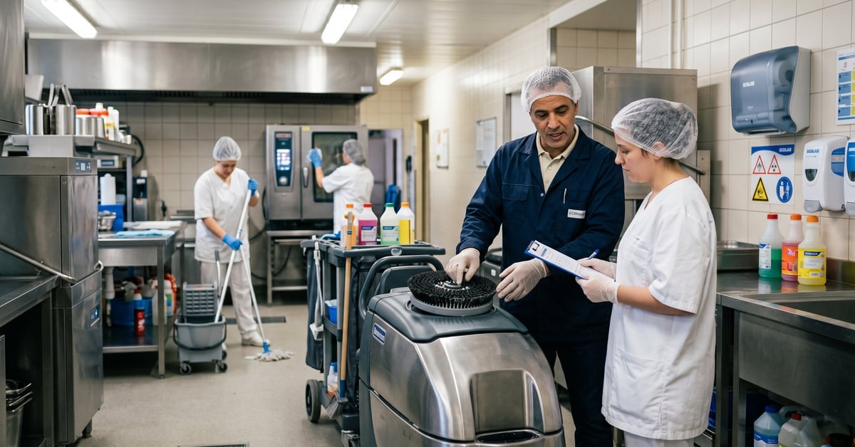 Chef d'équipe en propreté supervisant son équipe dans un couloir propre et ordonné, en tenue professionnelle