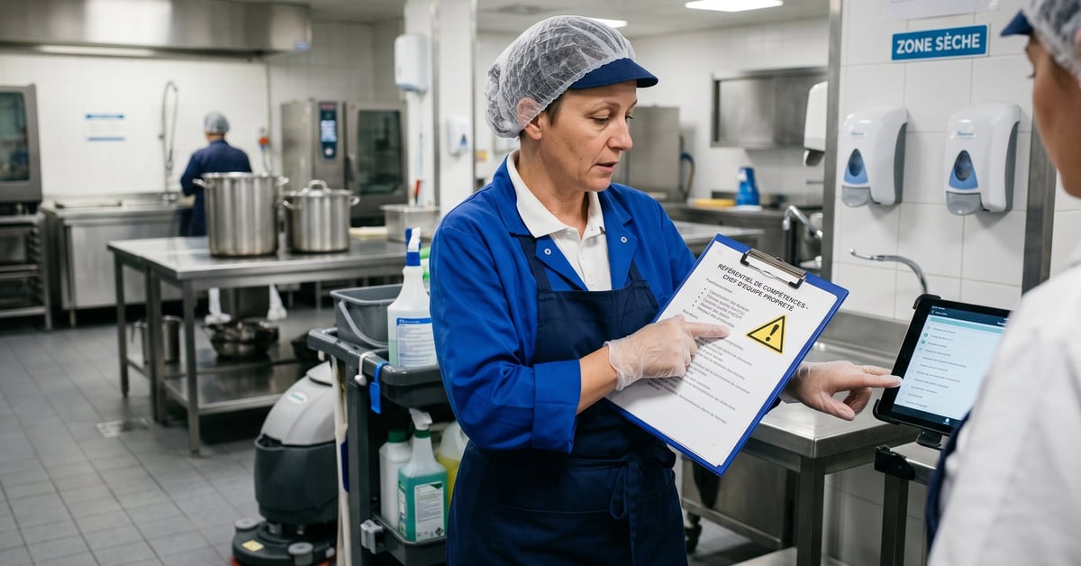 Chef d'équipe propreté supervisant les compétences clés lors d'une formation terrain en collectivité