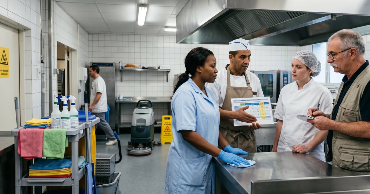 Formation chef d'équipe propreté : agent en tenue professionnelle avec matériel de nettoyage en collectivité