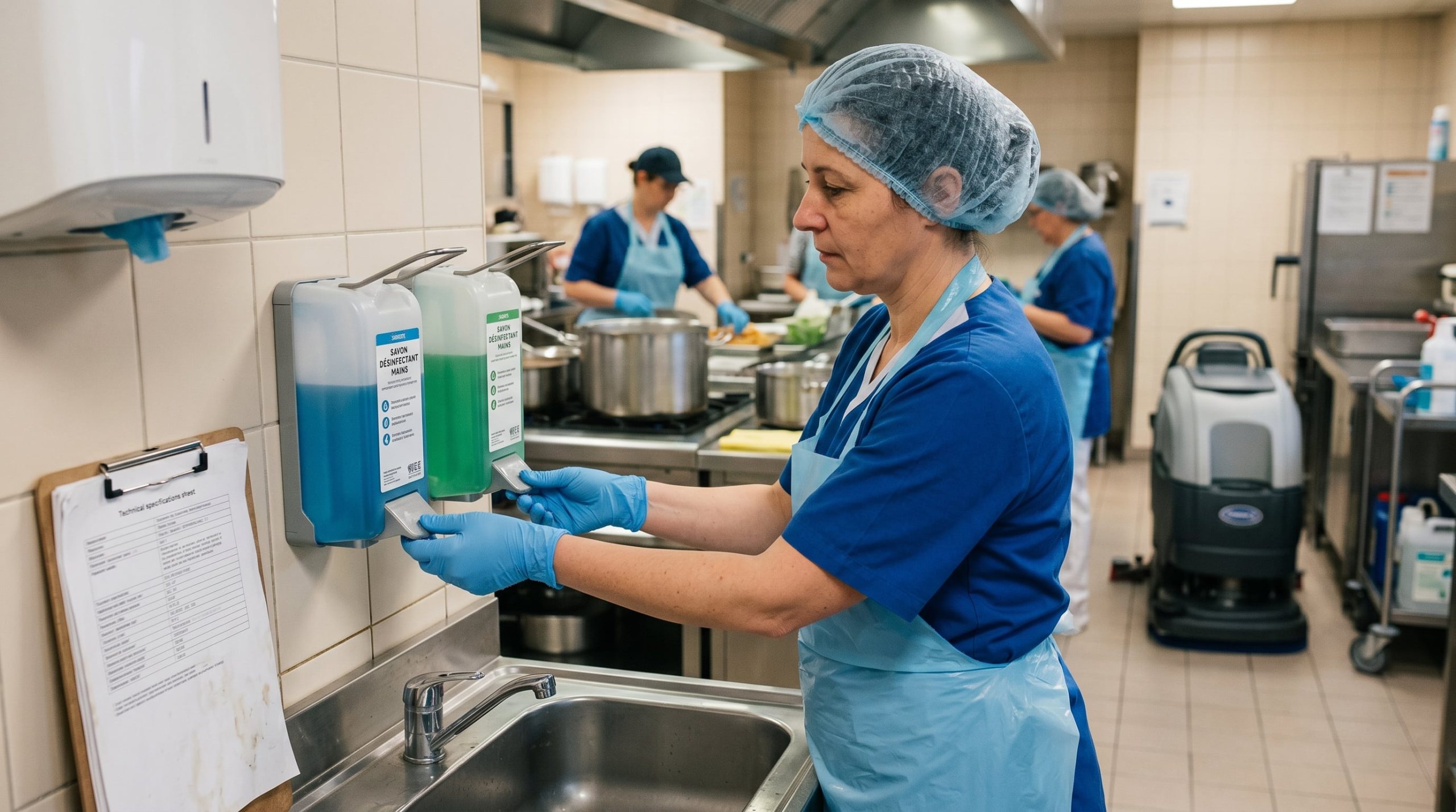 Comparaison de savons désinfectants professionnels sur plan de travail en inox en laboratoire