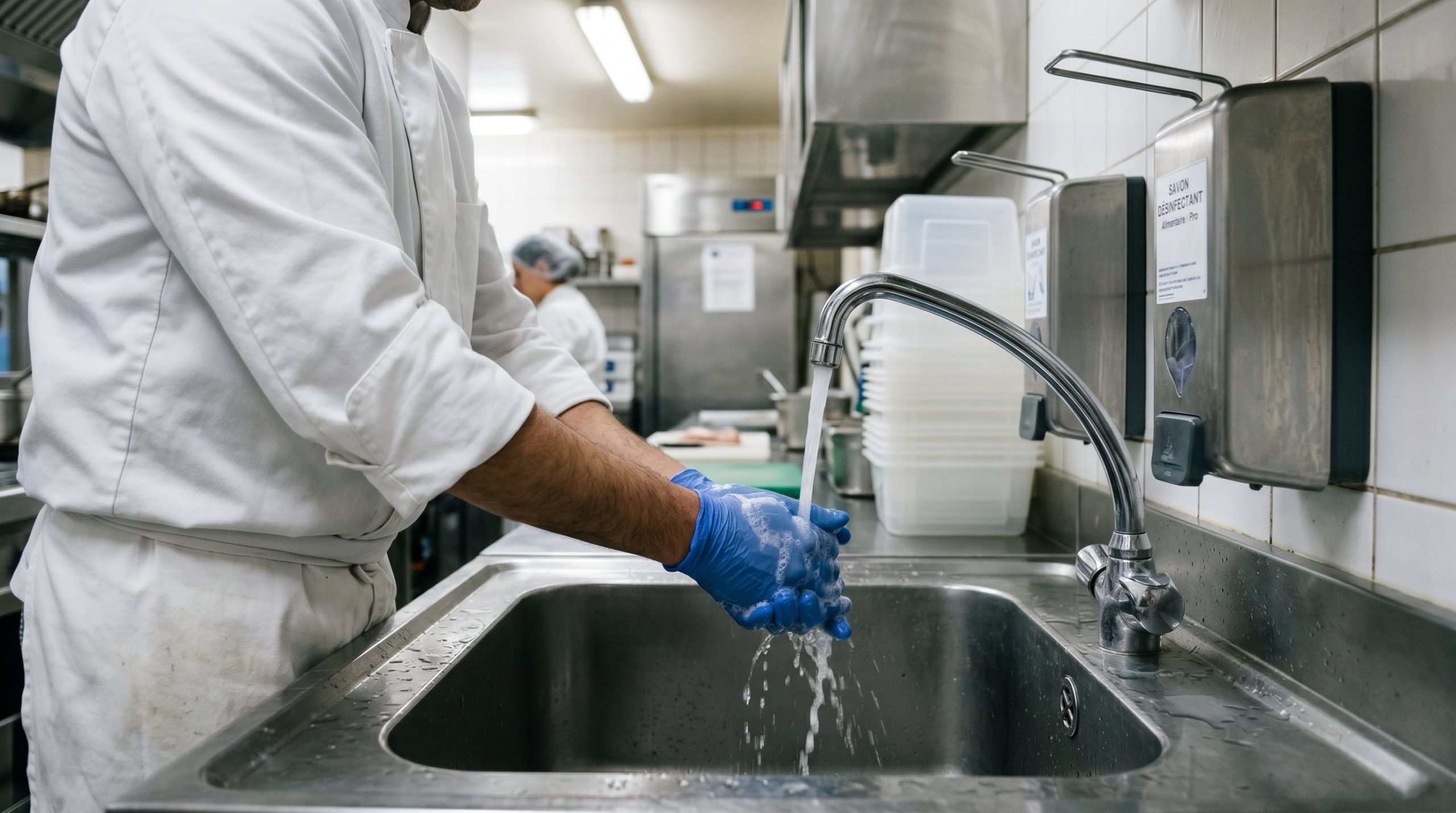 Comparaison savon désinfectant et savon antiseptique sur plan de travail inox en cuisine professionnelle