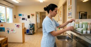 Soins cosmétiques bio pour bébés dans une crèche, produits naturels adaptés aux peaux sensibles des tout-petits