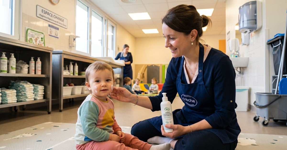 Produits cosmétiques bio pour bébé dans une crèche, soins adaptés aux peaux sensibles des tout-petits
