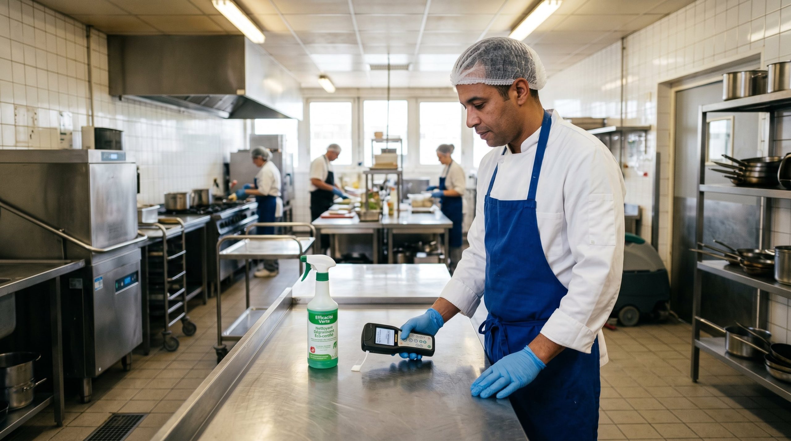 Cuisine professionnelle propre avec produits d'entretien écologiques et équipements inox — hygiène verte restauration