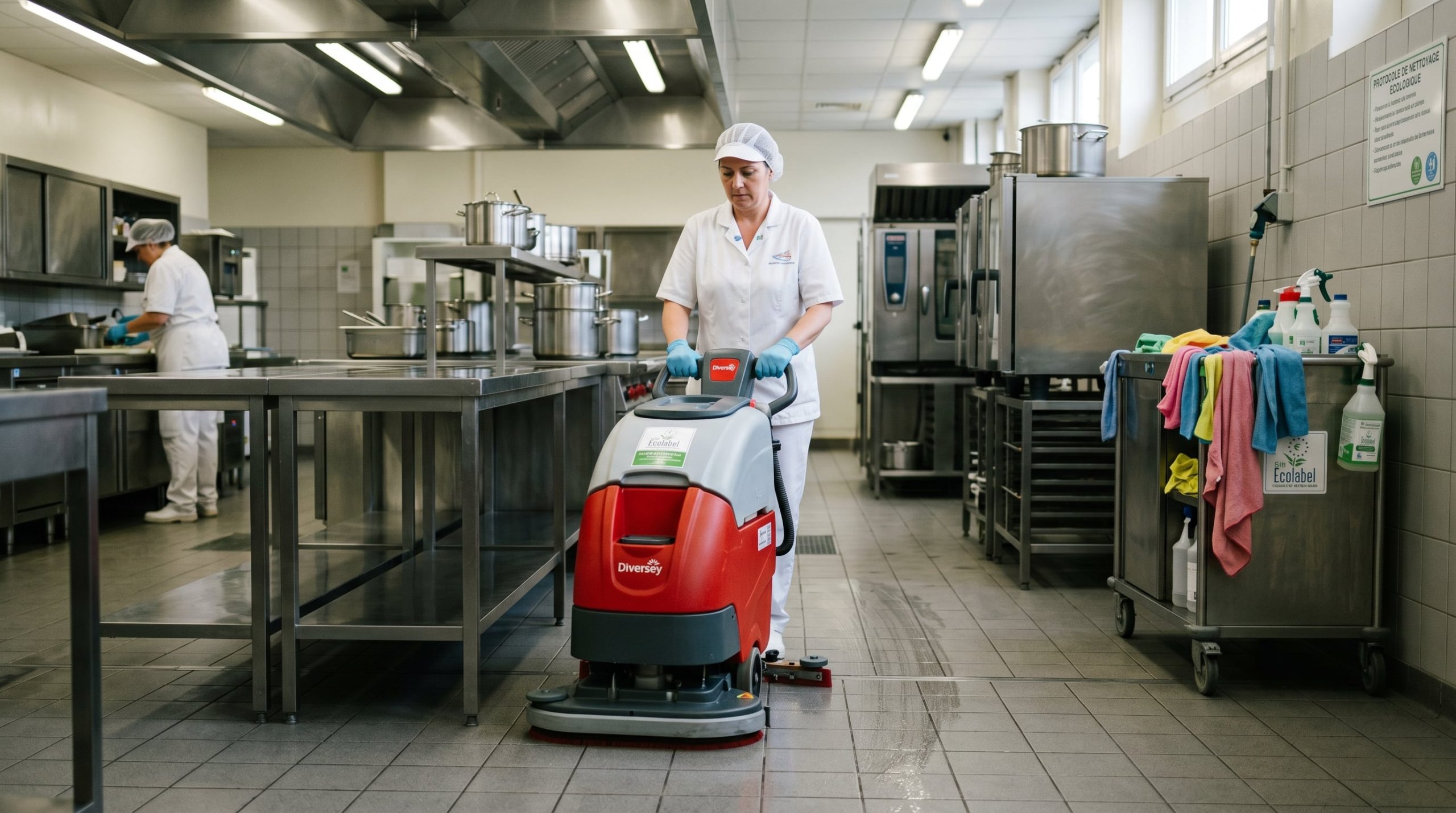 Cuisine professionnelle propre avec produits écologiques et équipements inox — hygiène verte restauration écologique