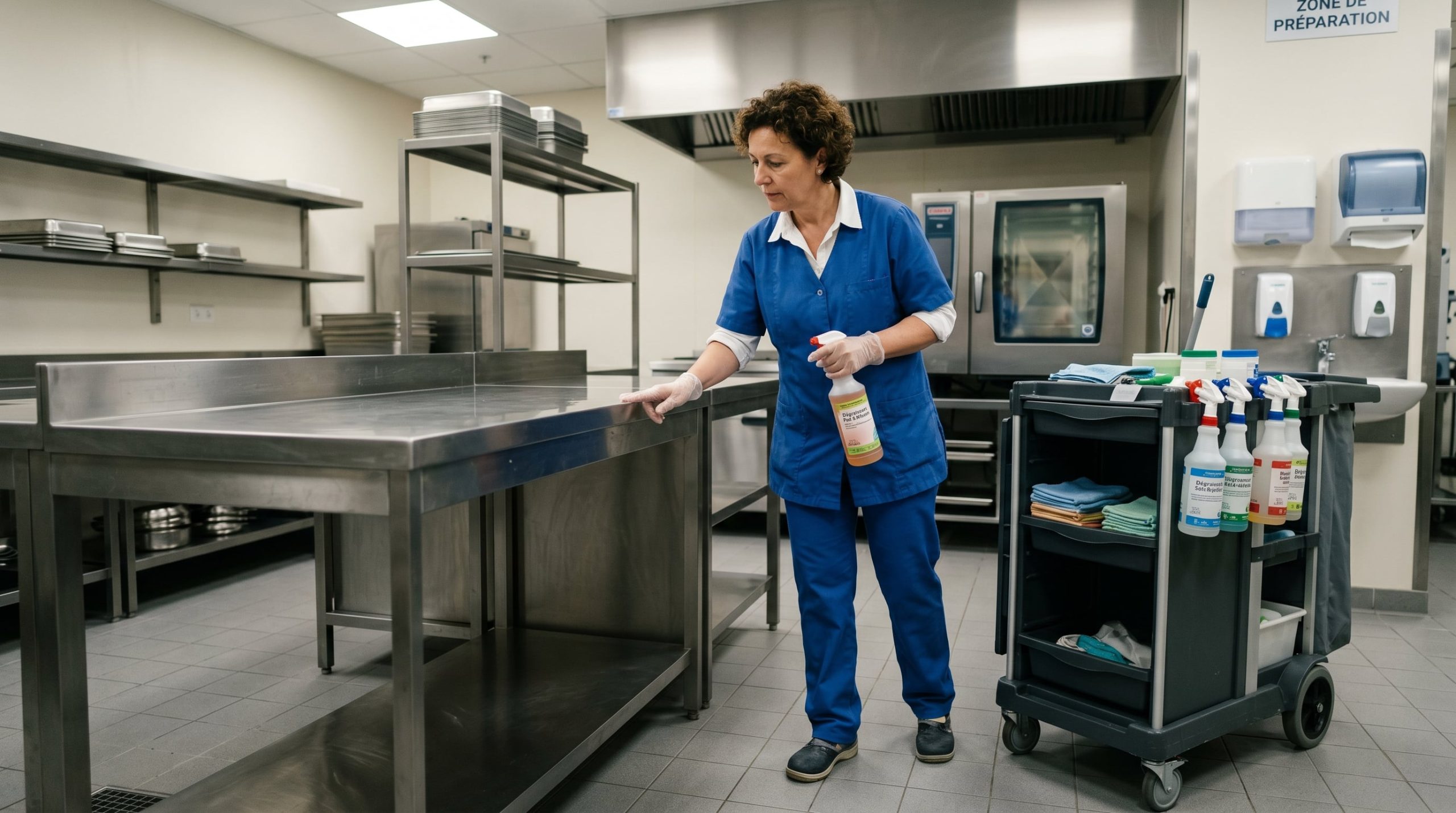 Dégraissant professionnel appliqué sur sol carrelé dans une cuisine industrielle propre et ordonnée