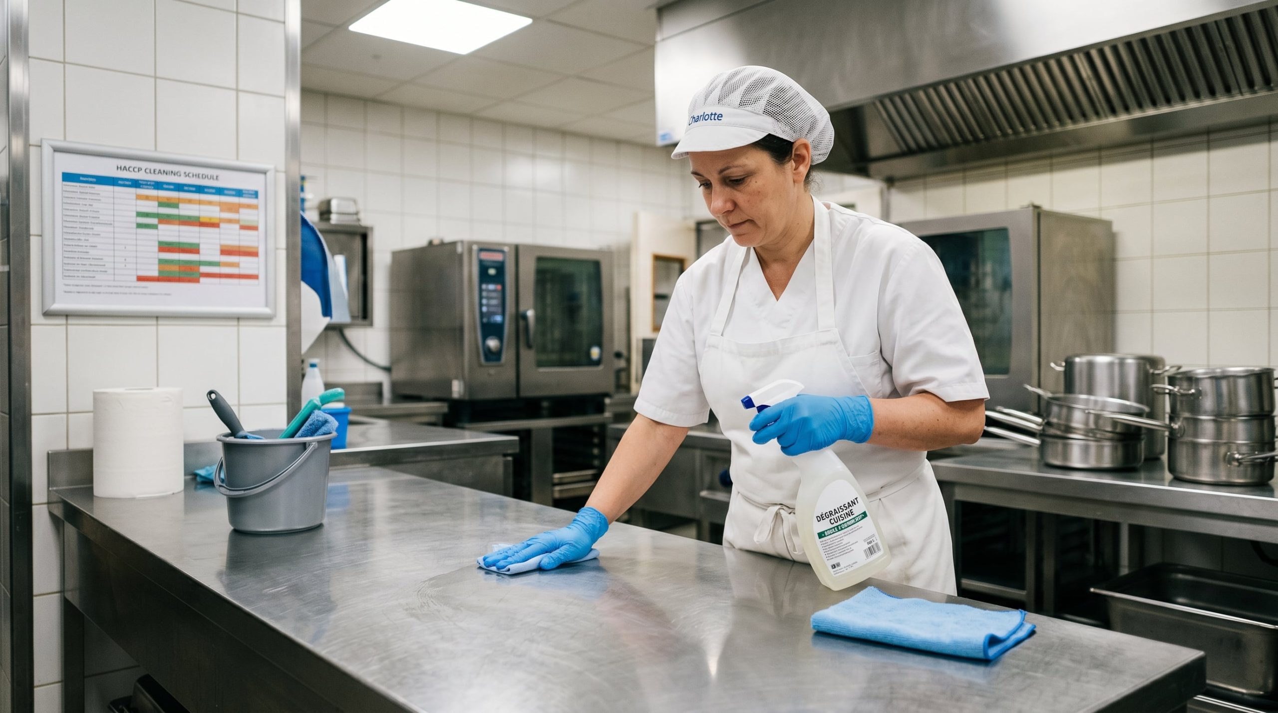 Dégraissant professionnel en cuisine HACCP : produit nettoyant sur plan de travail inox